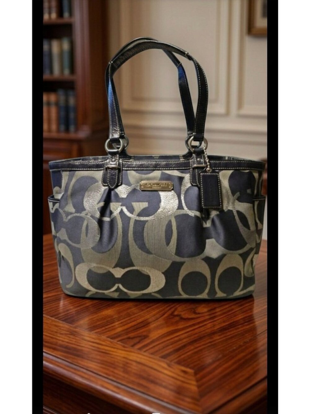 Coach Optic Signature Jacquard & Patent Leather Metallic Gallery Shoulder Tote